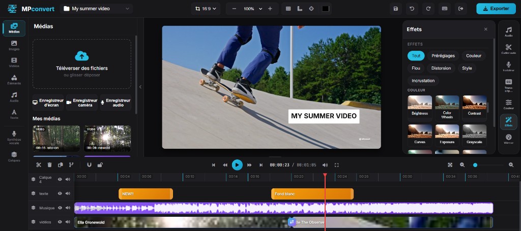 Éditeur vidéo en ligne MPconvert : timeline multi-pistes, effets GPU et prévisualisation